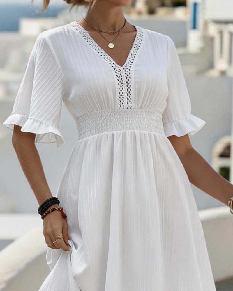 V Neck Cut Out Lace Medium Sleeve Dress