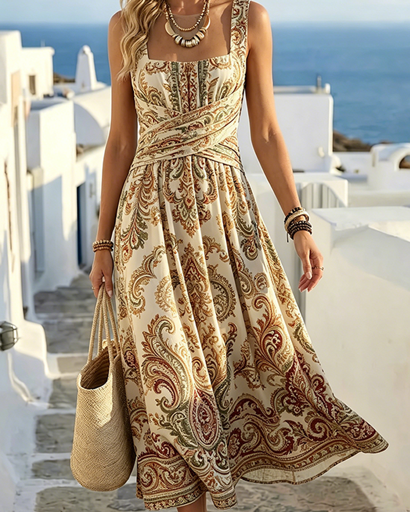 Square Neck Spaghetti Strap Vintage Floral Dress