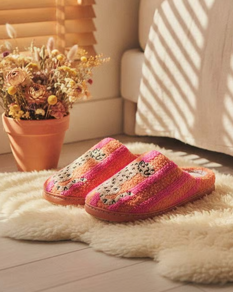 Women’s Retro Striped & Leopard Fuzzy Slippers