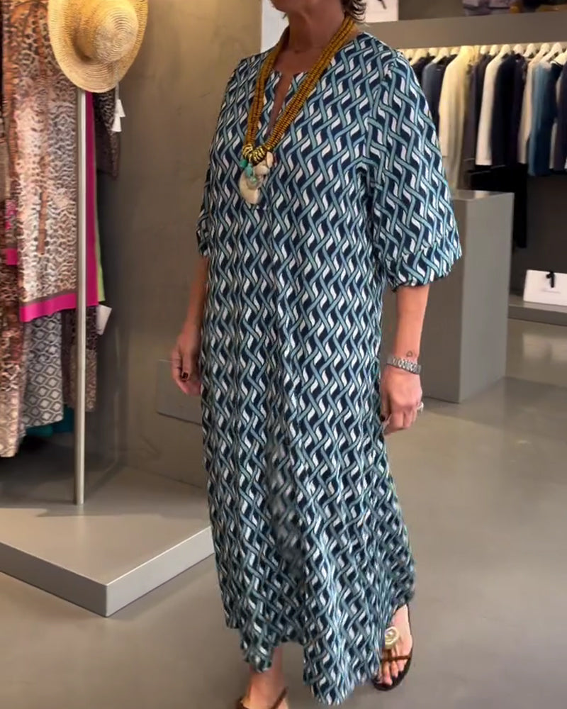 V-Neck Diamond Pattern Straight Relaxed Dress