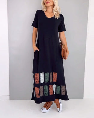V-Neck Printed Slit Casual Short-Sleeved Dress