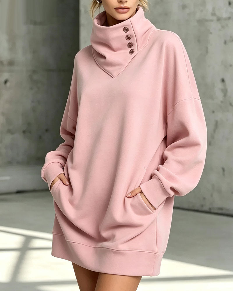 Turtleneck Diagonal Button Loose Fit Dress