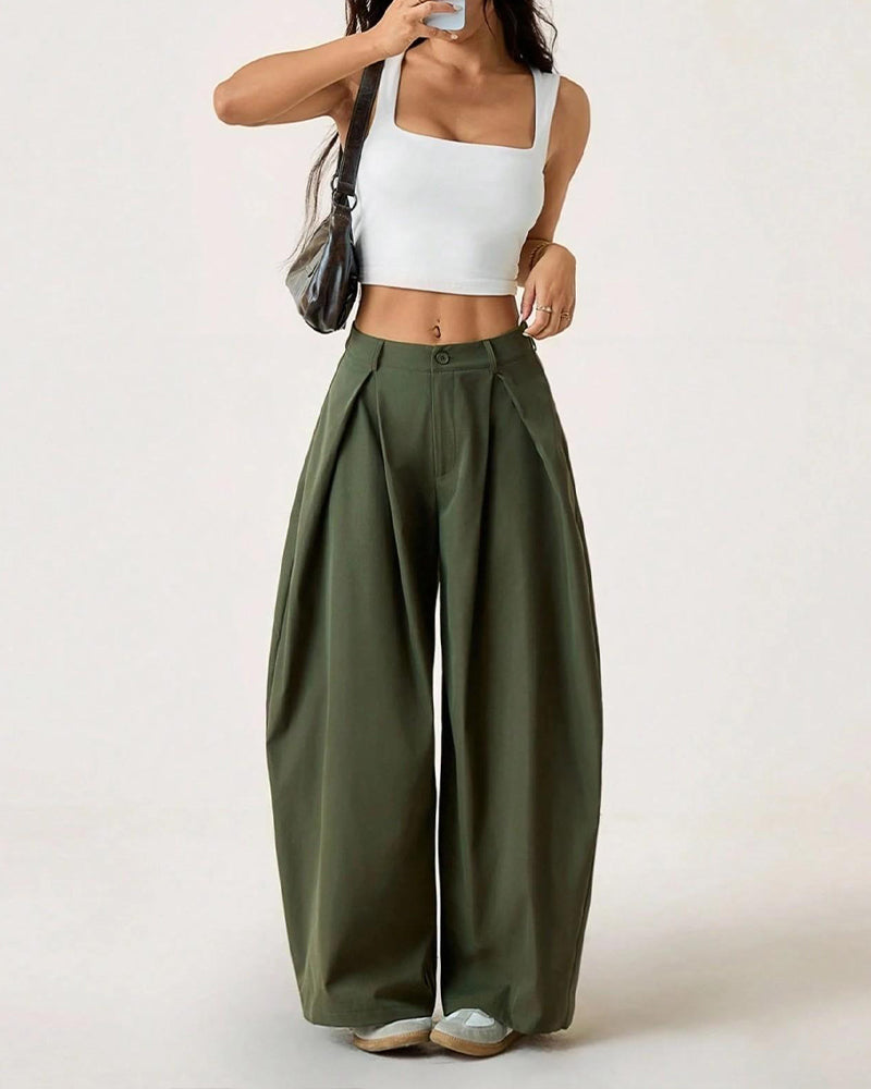 High-Waist Pleated Wide-Leg Casual Pants