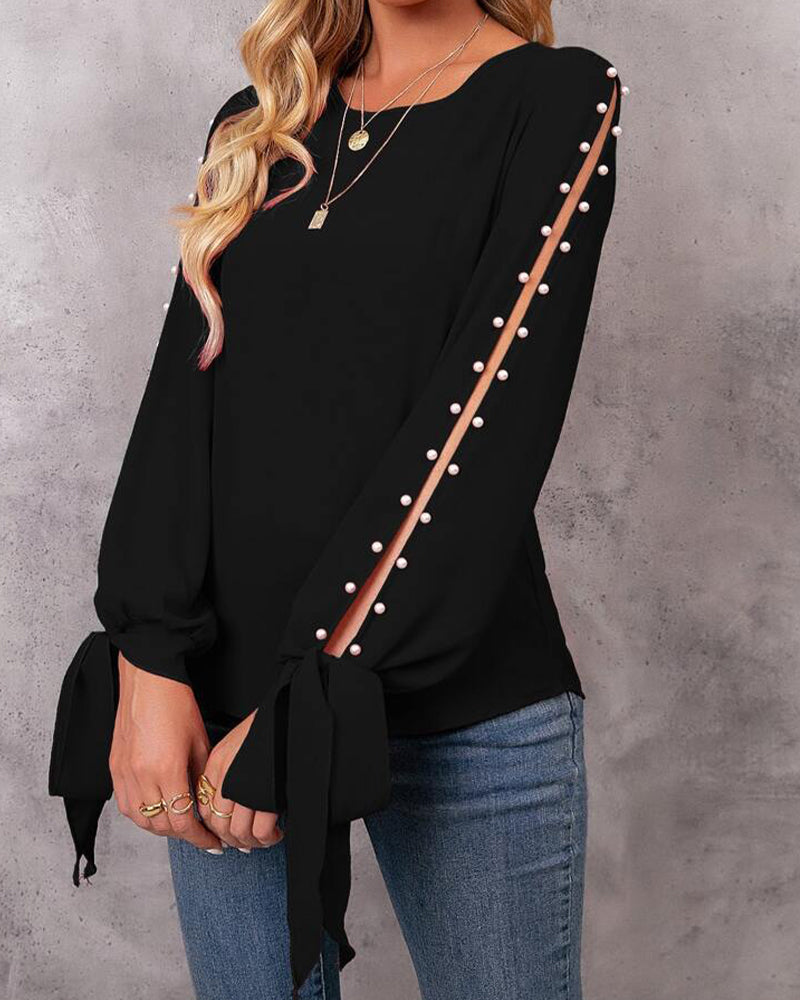 Stylish Solid Color Tie-Up Beaded Top