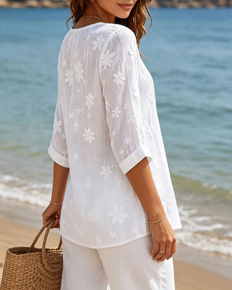 Button Front Smocked Floral Solid Blouse