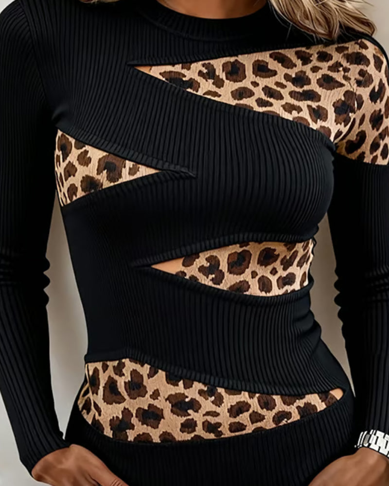 Crew Neck Leopard Patchwork T-Shirt