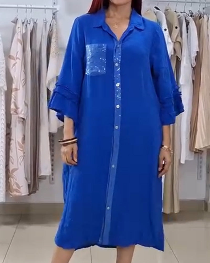 Bell-Sleeved Sequined Patchwork Shirt Dress