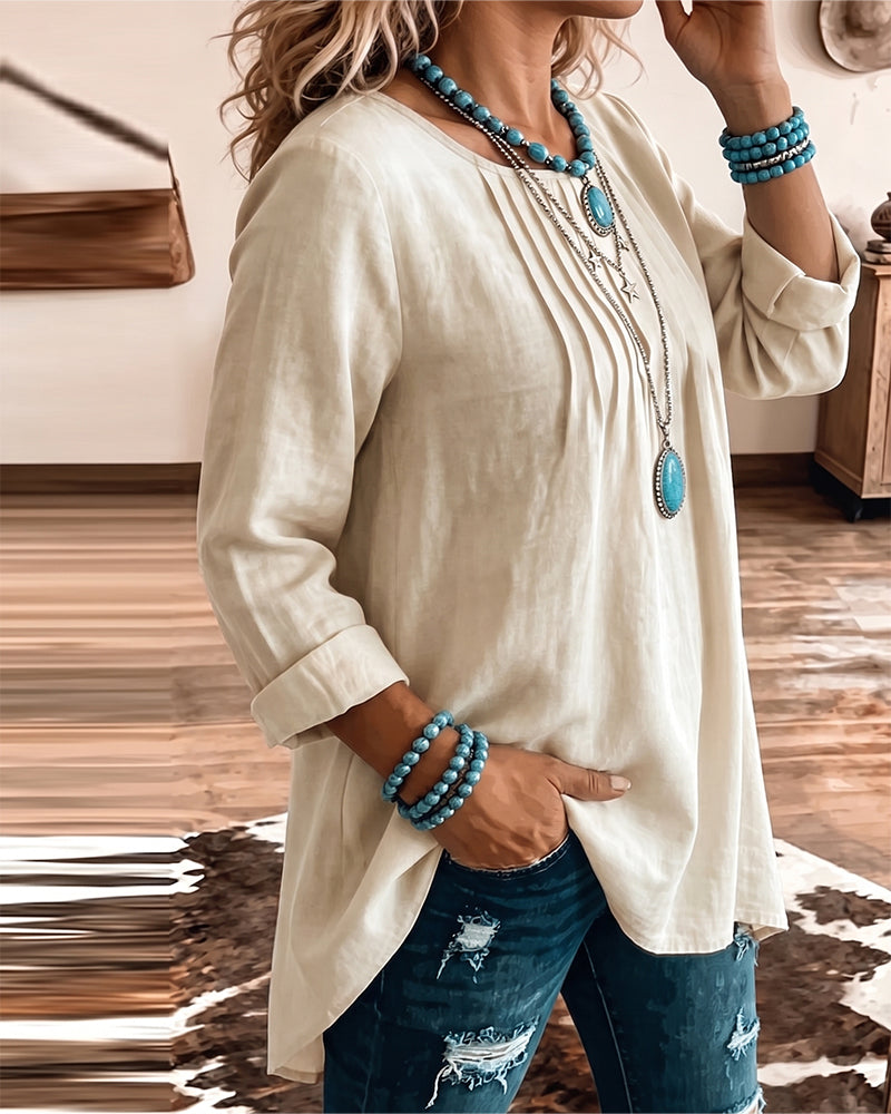 Crew Neck Ruched Loose Solid T-Shirt