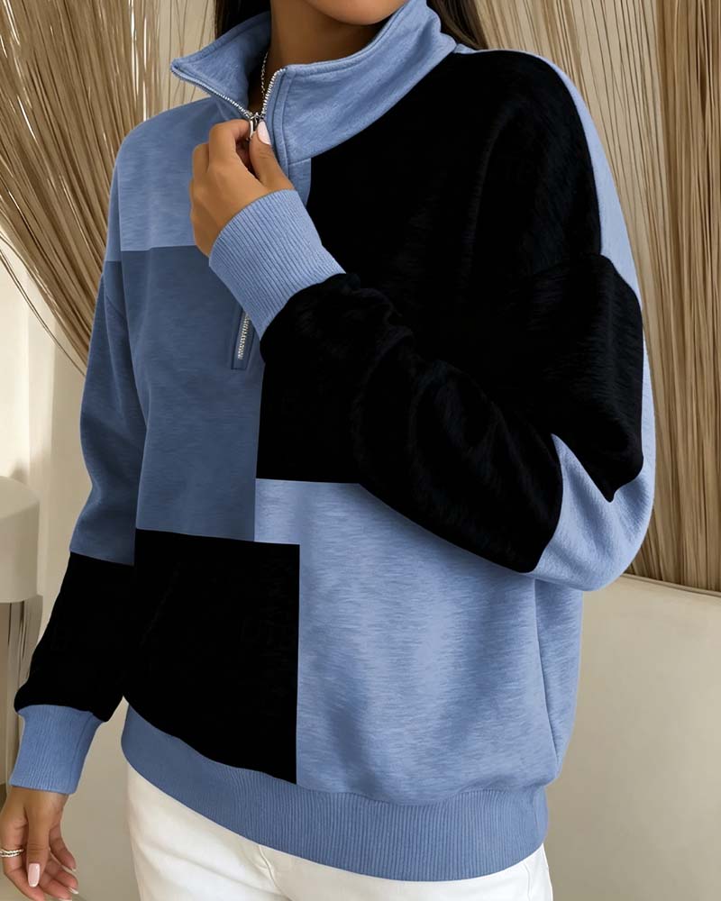 Checkered Colorblock Zip Stand-Collar Sweatshirt
