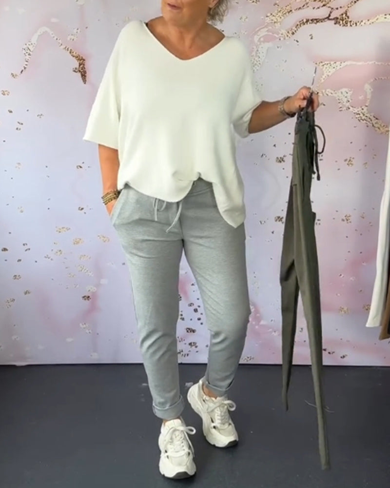 Casual solid color pocket drawstring pants