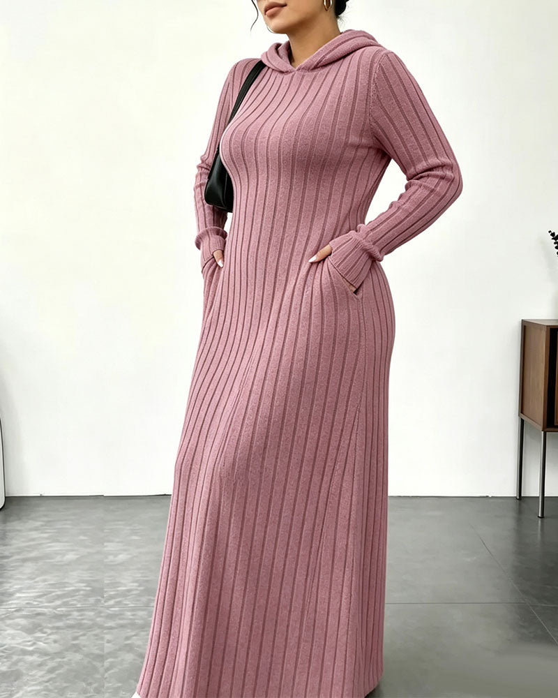 Hooded Pocket Ribbed Fitted Dress