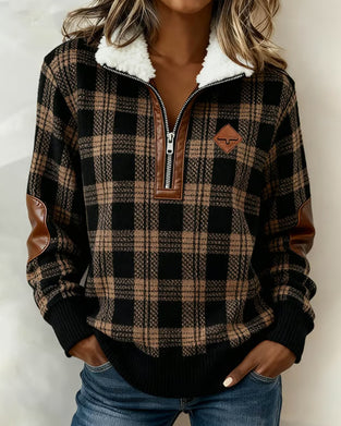 Fleece Half-Zip Collar Plaid Sweatshirt