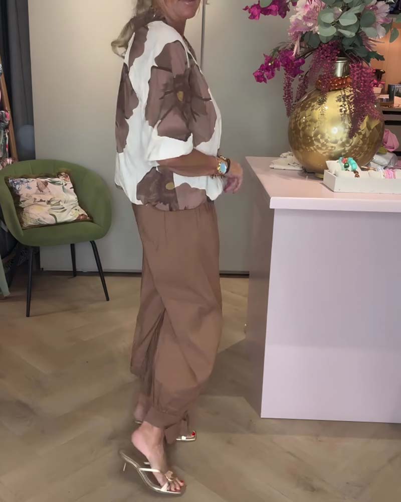 V-Neck Floral Mid-Length Sleeve Relaxed Blouse