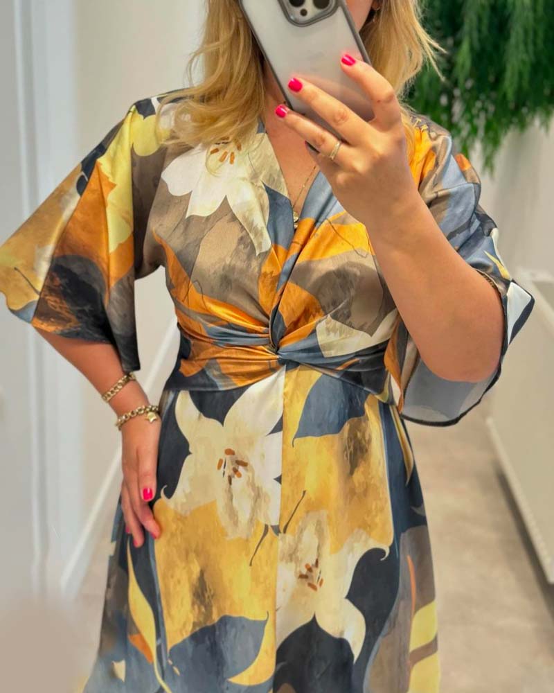 Floral print twist v neck elegant dress