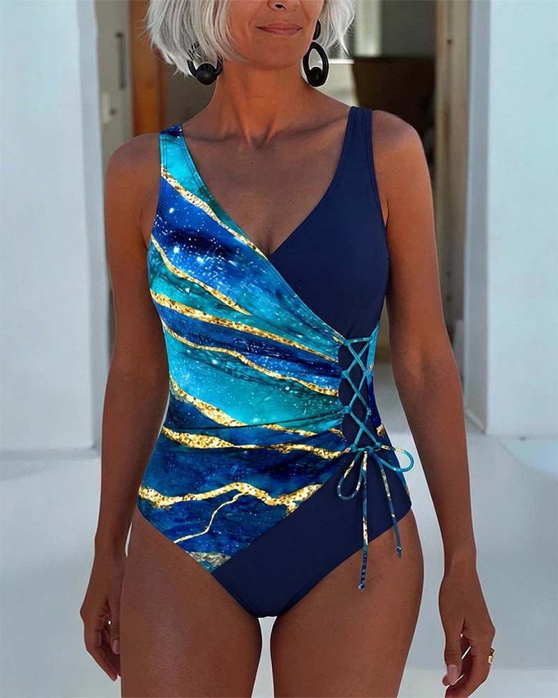 Asymmetrical Patchwork Tie V-Neck One Piece