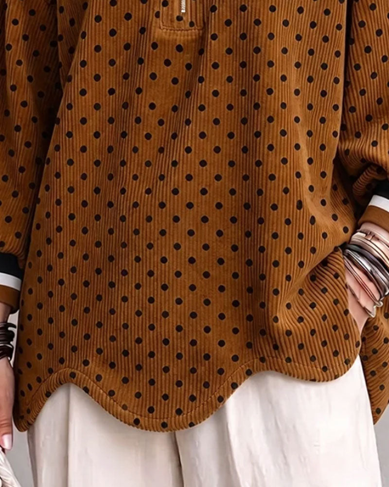Polka Dot Corduroy Half-Zip Loose Blouse