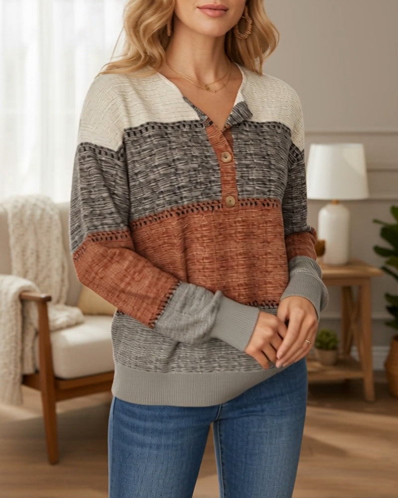 Button-Up Fashion Color Block Sweatshirt