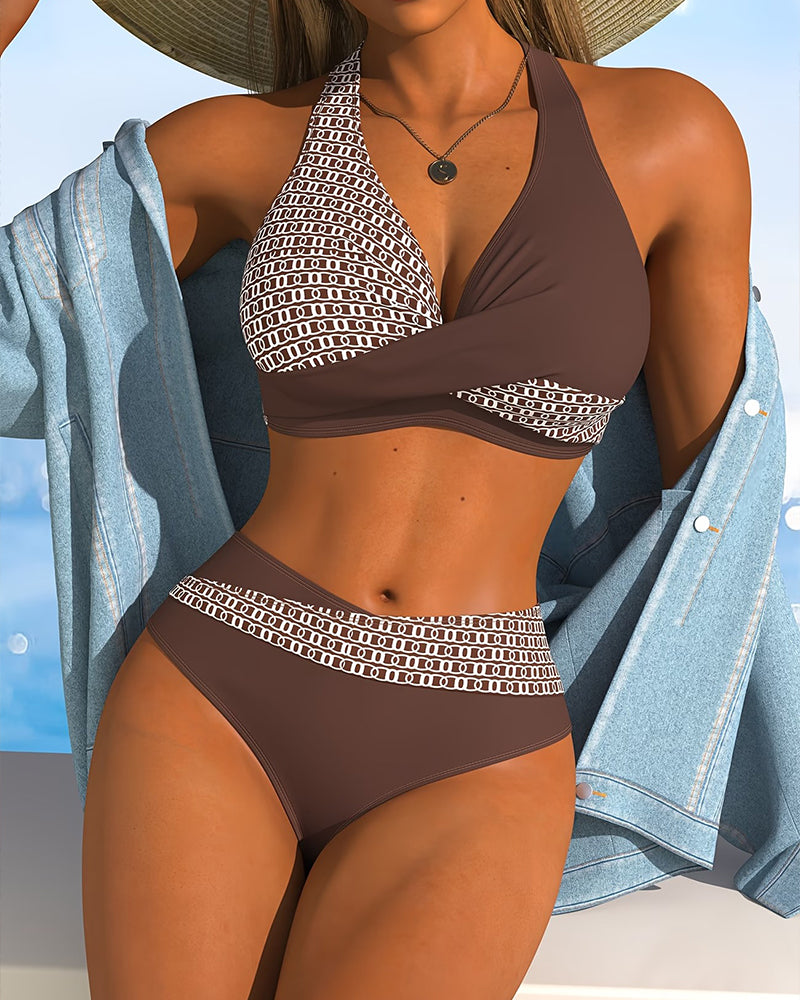 Halter Color Block Crisscross Bikini