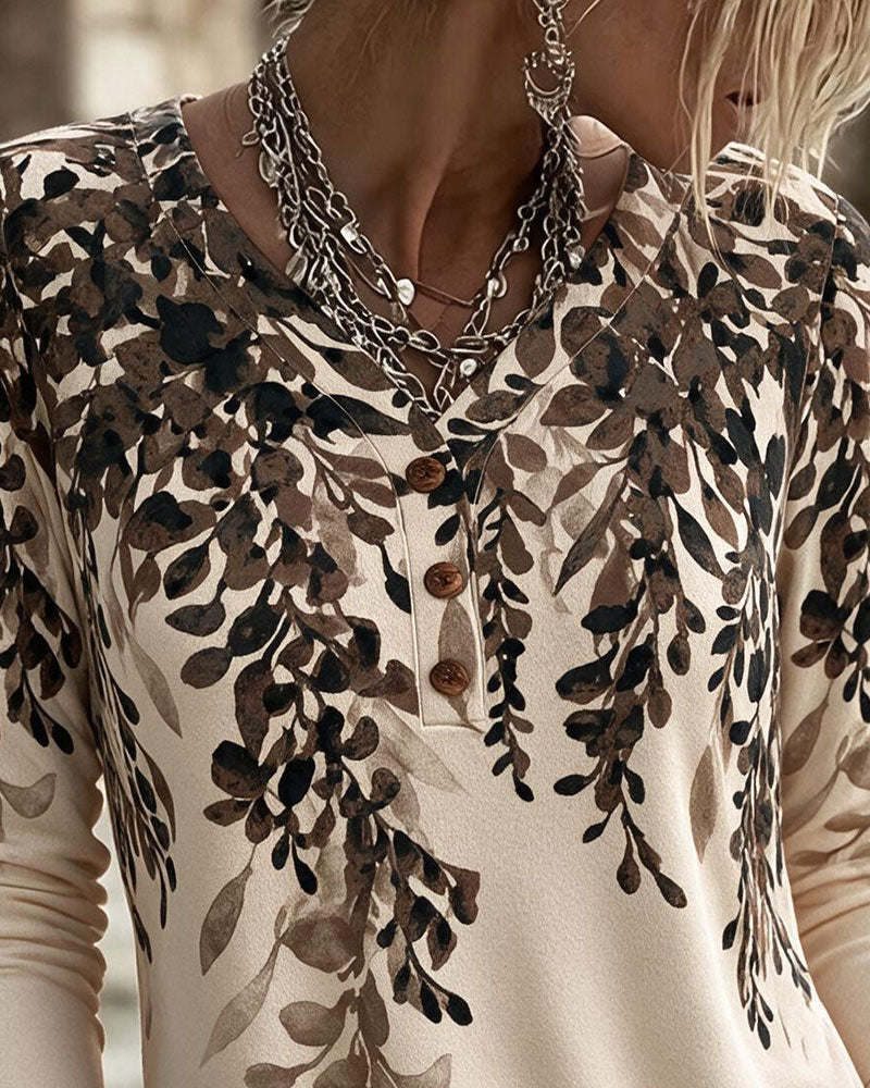 V-Neck Leaf Print Casual Long Sleeve Top