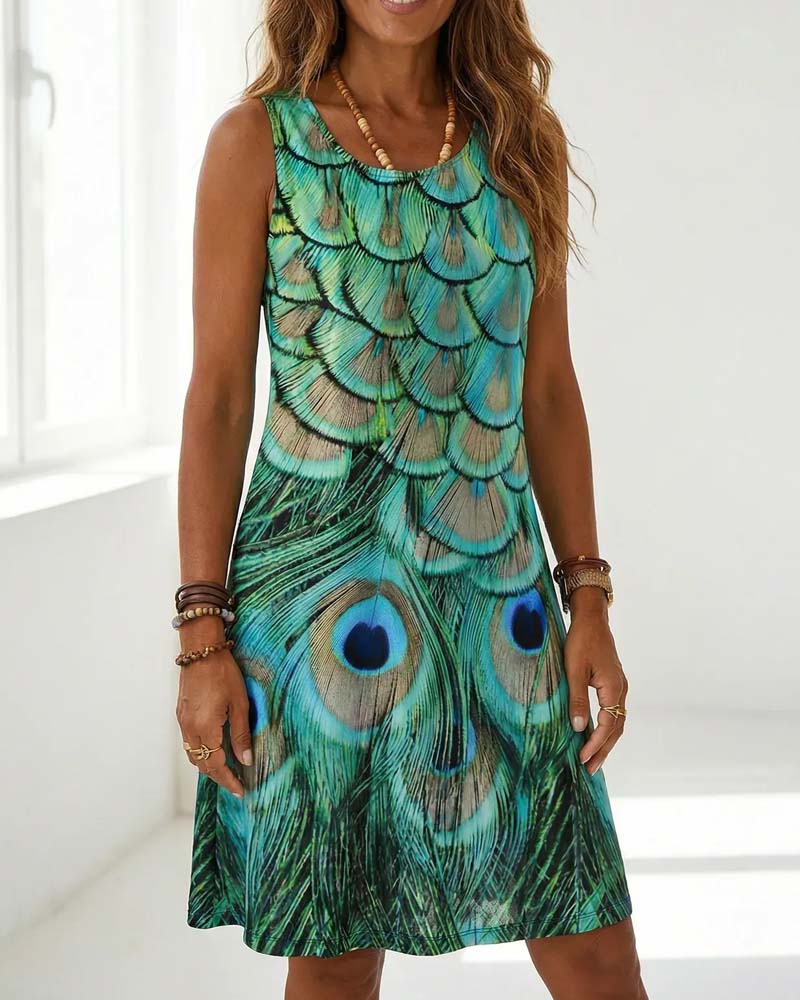 Sleeveless Peacock Print Fashion Dress