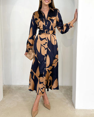 Elegant leaf print long sleeve lapel dress