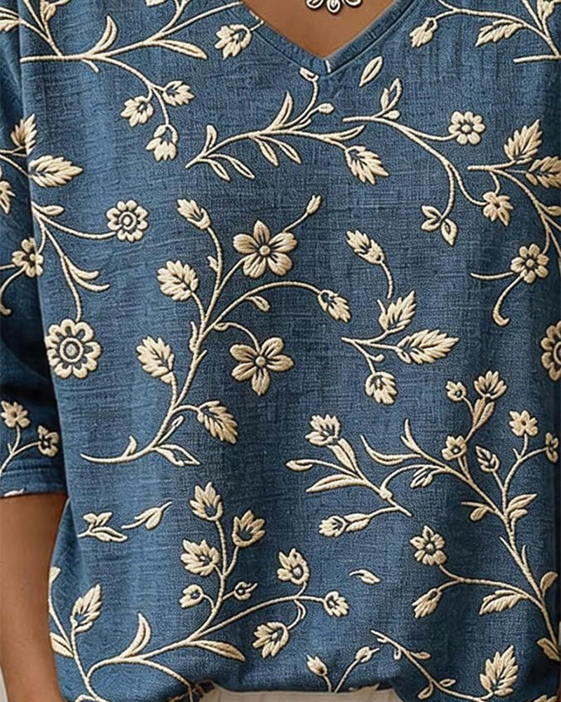 V-Neck Half Sleeve Floral Blouse