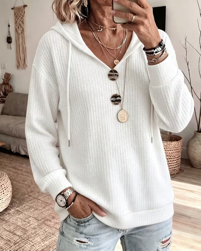 Drawstring V-Neck Ribbed Hoodie