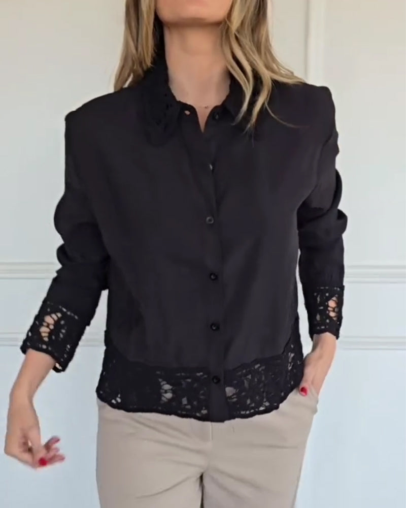 Lapel Hem Lace Patchwork Blouse
