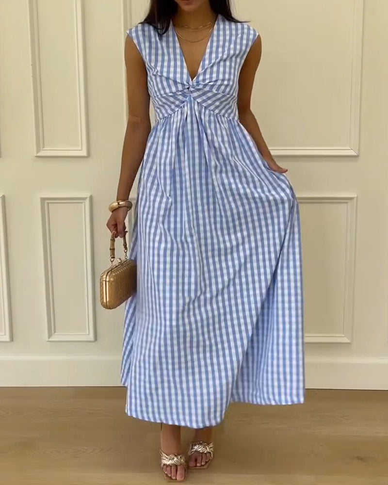 V-Neck Twisted Plaid Maxi Dress