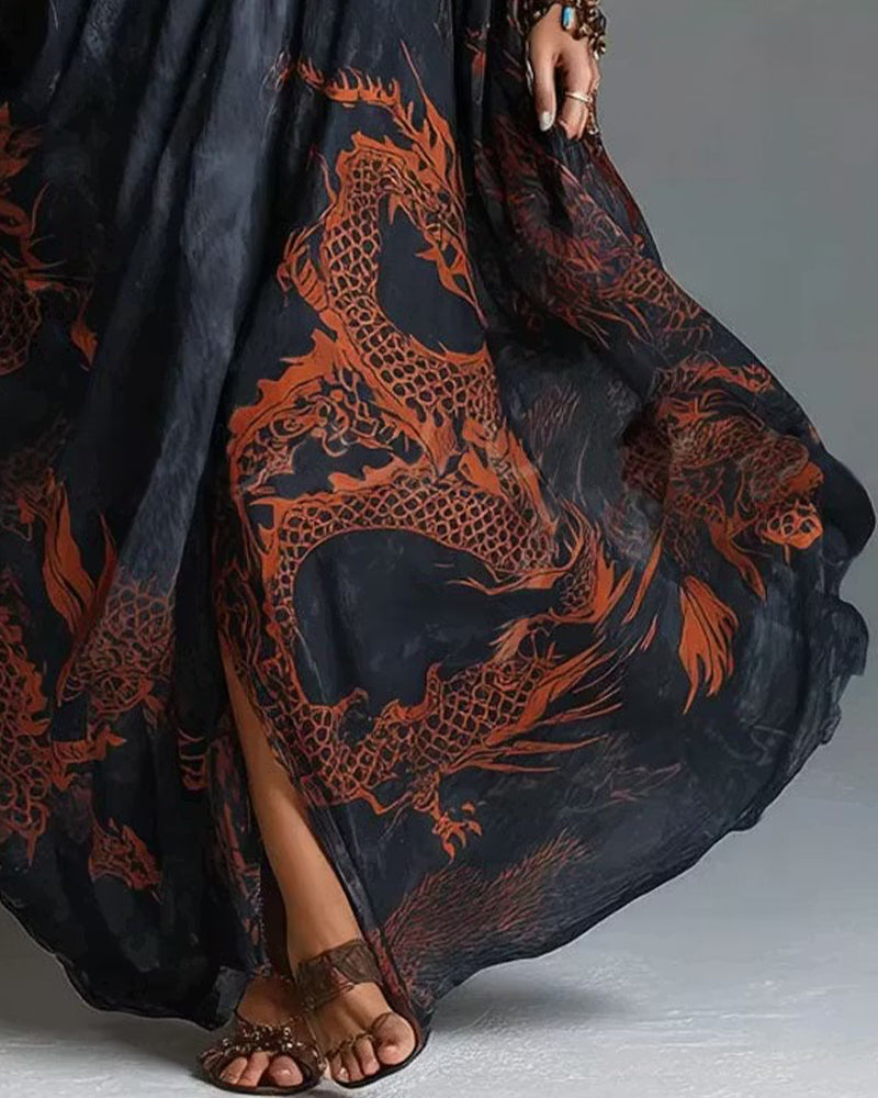Red Dragon Pattern Bat Sleeve Deep V Dress