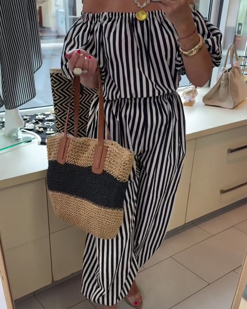 Casual Off Shoulder Striped Jumpsuits