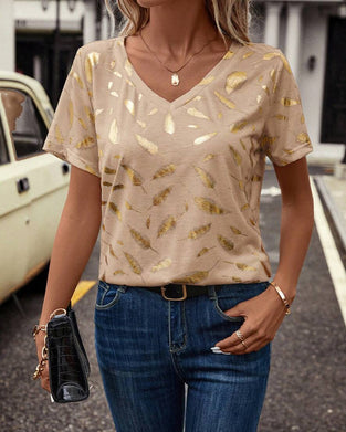 V-Neck Leaf Print Casual T-Shirt