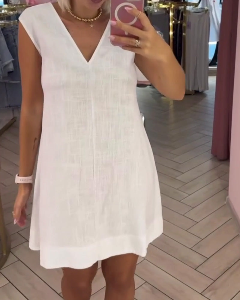 Solid Color Sleeveless V-Neck Short Dress
