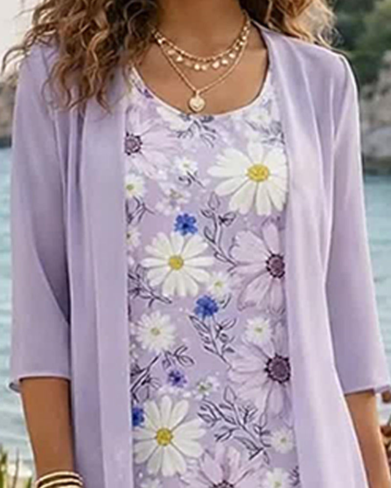 Floral Sleeveless Dress Cardigan Two-Piece Sets