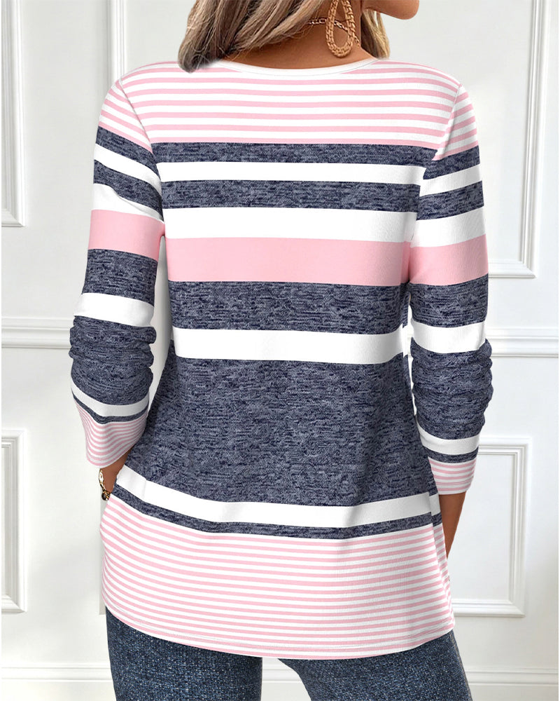Crew Neck Buttoned Pleated Striped Top