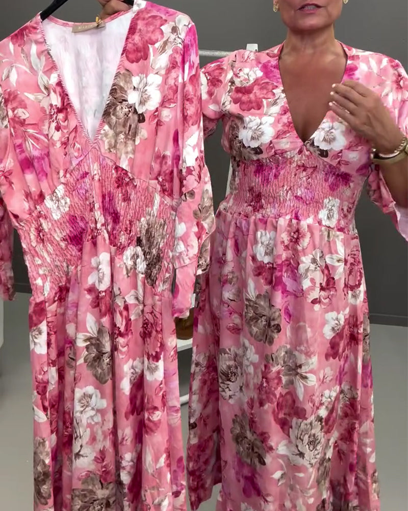 Deep V Double Layer Ruffle Floral  Dress