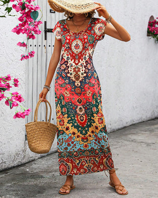 Colorful printed casual dress with slits