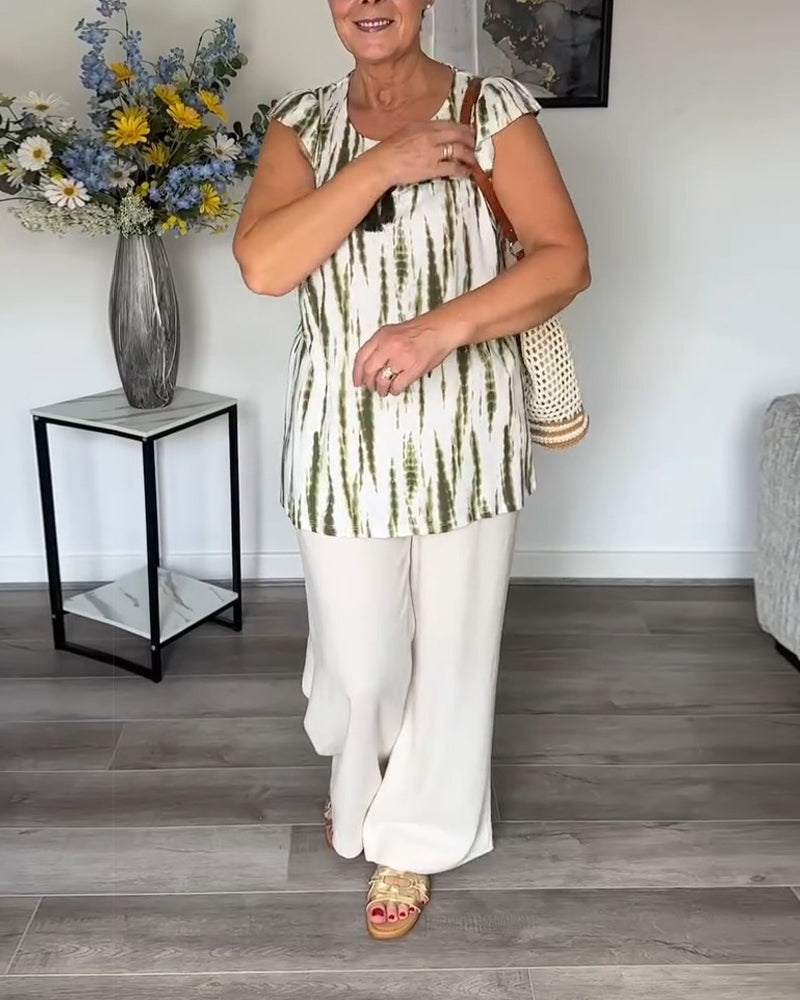Lotus Leaf Sleeves Tassel Tie-Dye Blouse