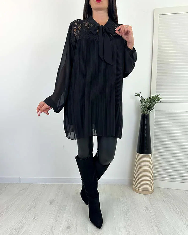 Solid Color Ribbon Pleated Loose Blouse