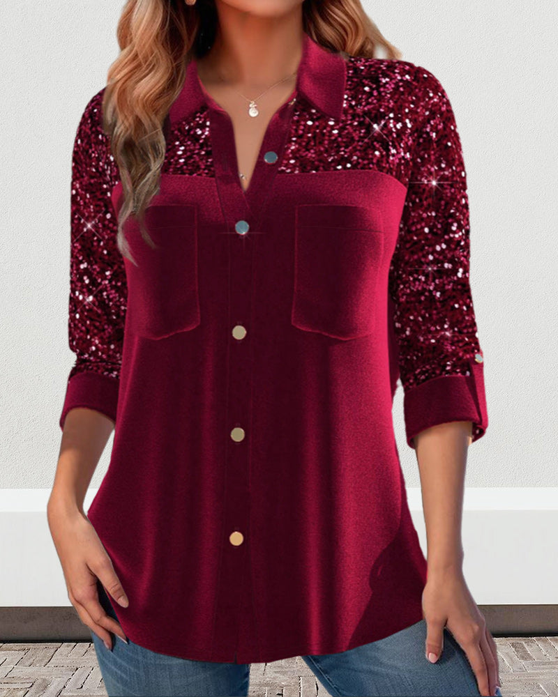 Sequin panel solid lapel button shirt