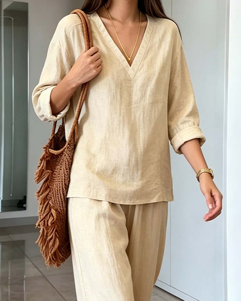 V‑Neck Solid Long‑Sleeve Wide‑Leg Set