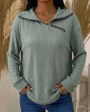 Turn-Down Collar Diagonal Zip Long Sleeve Top