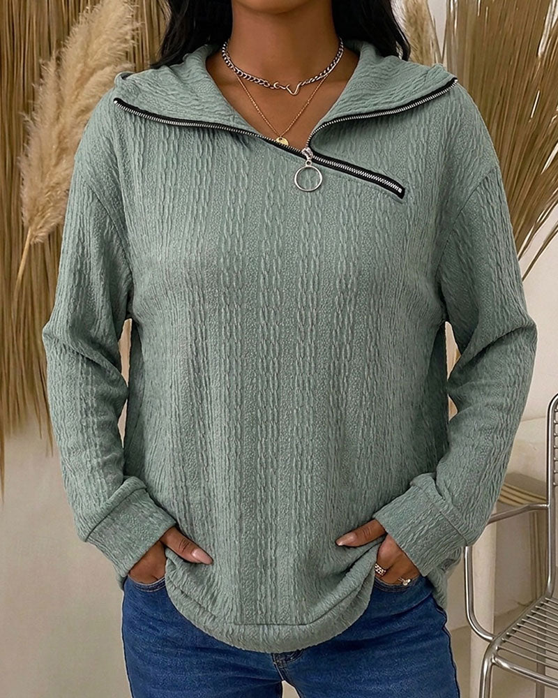 Turn-Down Collar Diagonal Zip Long Sleeve Top