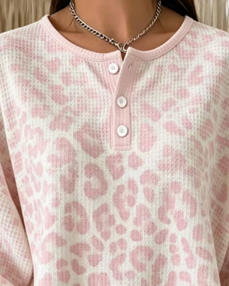 Crew-Neck Button-Down Leopard Casual Sweatshirt