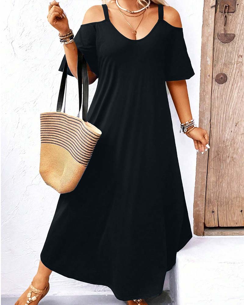 Solid V-Neck Off-Shoulder Long Dress