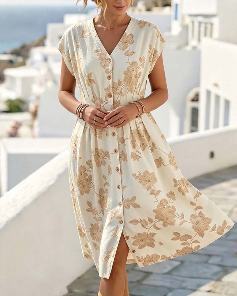 V-Neck Print Cinched Waist Button-Front Dress