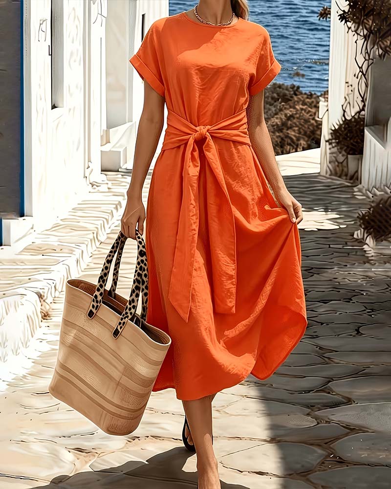 Circle Neck Solid Color Tie String Full Skirt Dress
