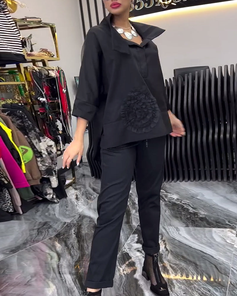 Lapel lace stitching flower blouse