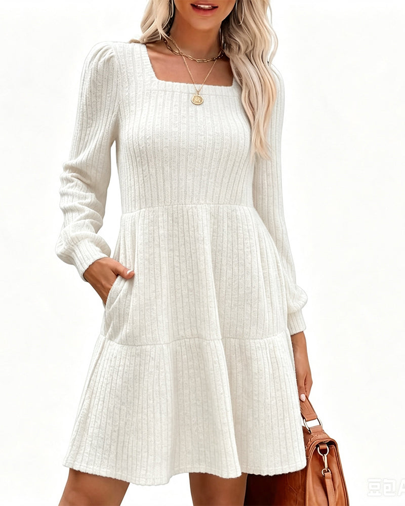 Square Neck Bubble Sleeve Ribbed Dress