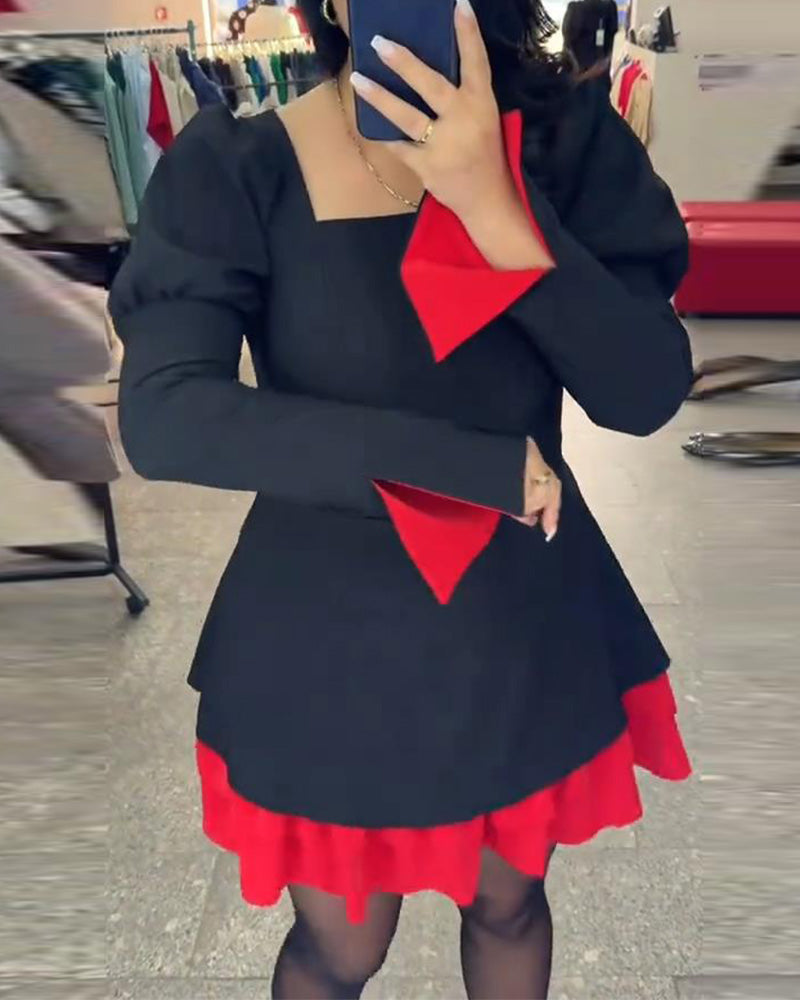 Slit Bell Sleeves Patchwork A Hem Dress